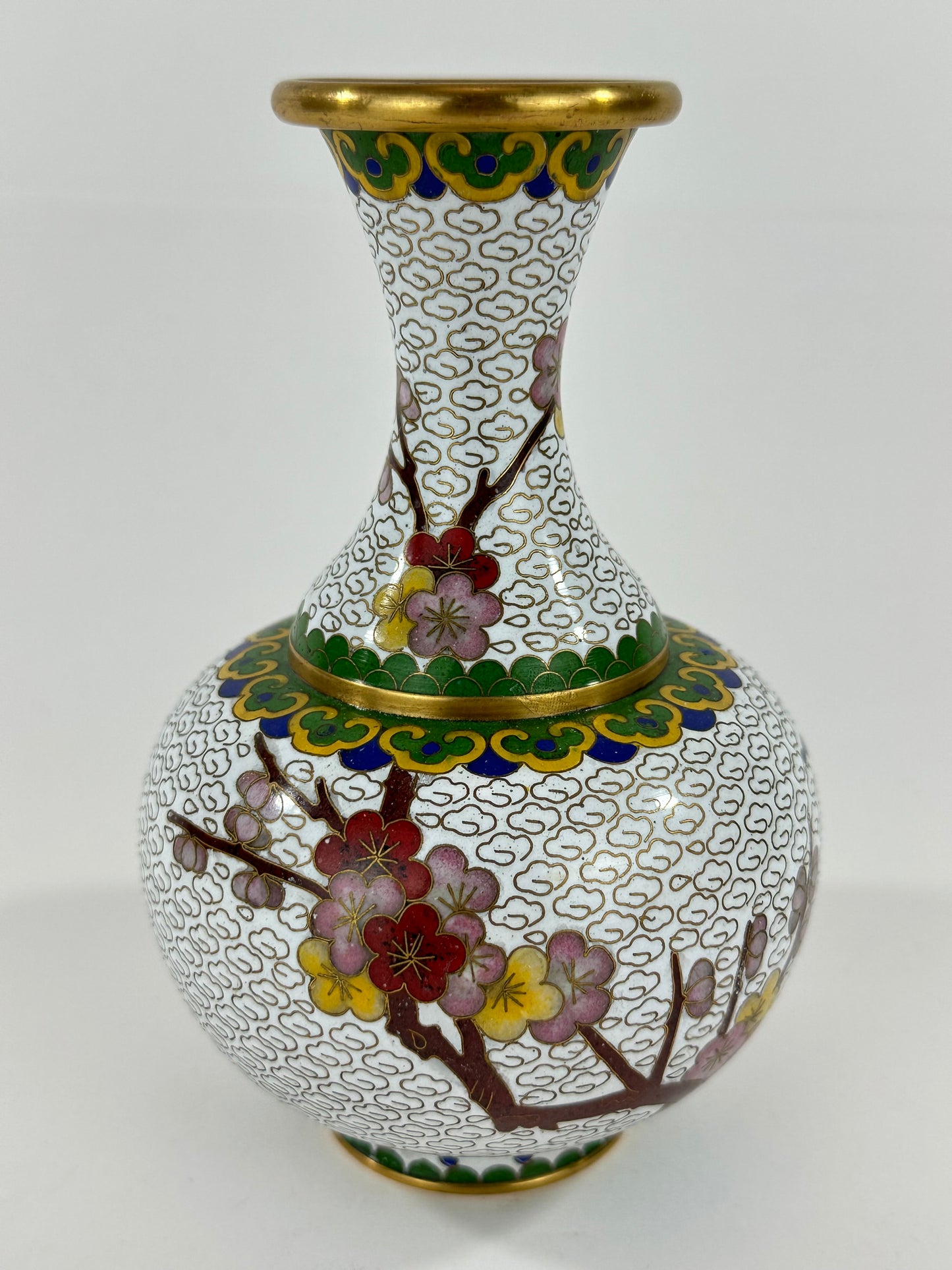 Vintage Chinese White Cloisonné Vase w/ plum blossoms 6”