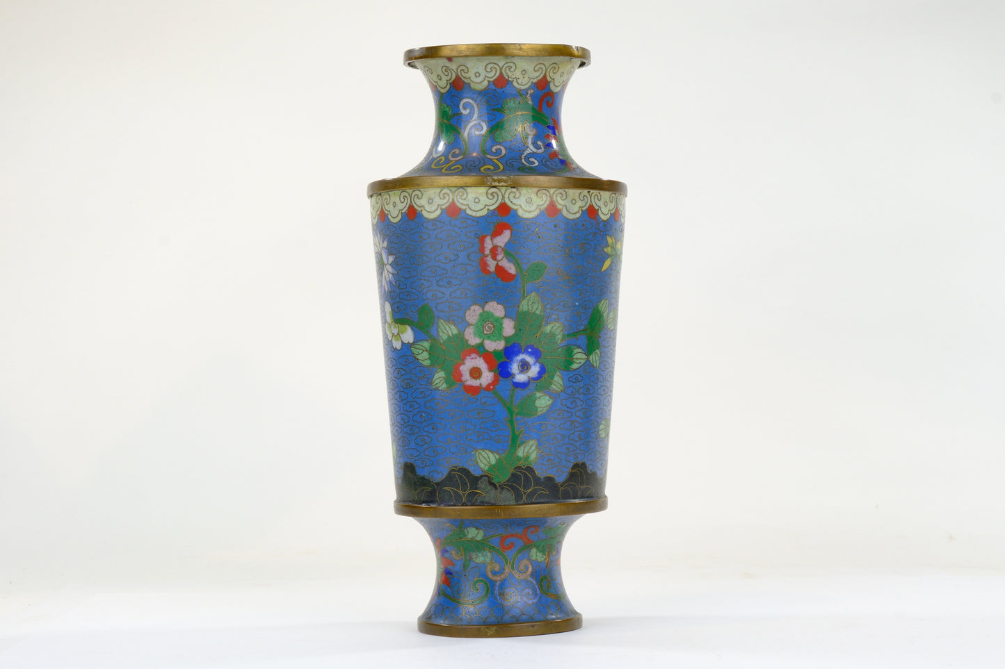 Chinese Cloisonne Enamel Vase Blue Ground Floral Butterfly Brass Paneled Form