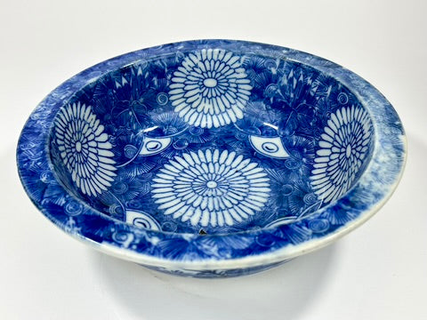 Antique Japanese Imari Sometsuke Blue White Porcelain Bowl Kiku Hanazume Late Edo 19th 8"W
