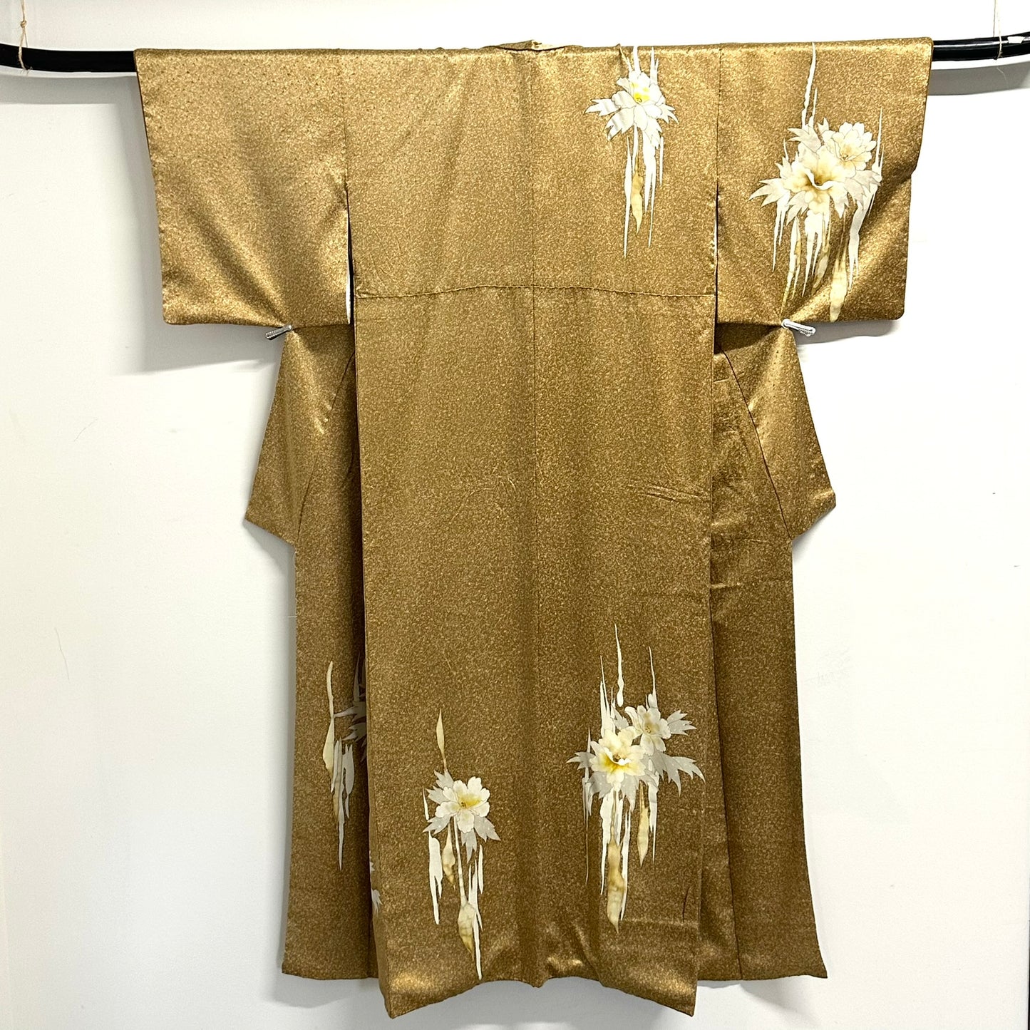 Vintage Japanese Silk Nashiji Gold Kimono Yuzen Suisen Narcissus Showa Era