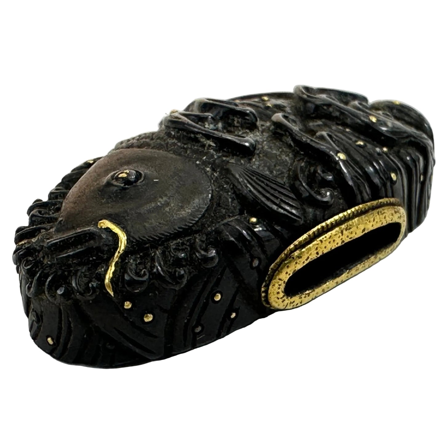 Antique Japanese Edo-Period Sword Katana Kashira Koi in Waves on Shakudō,
