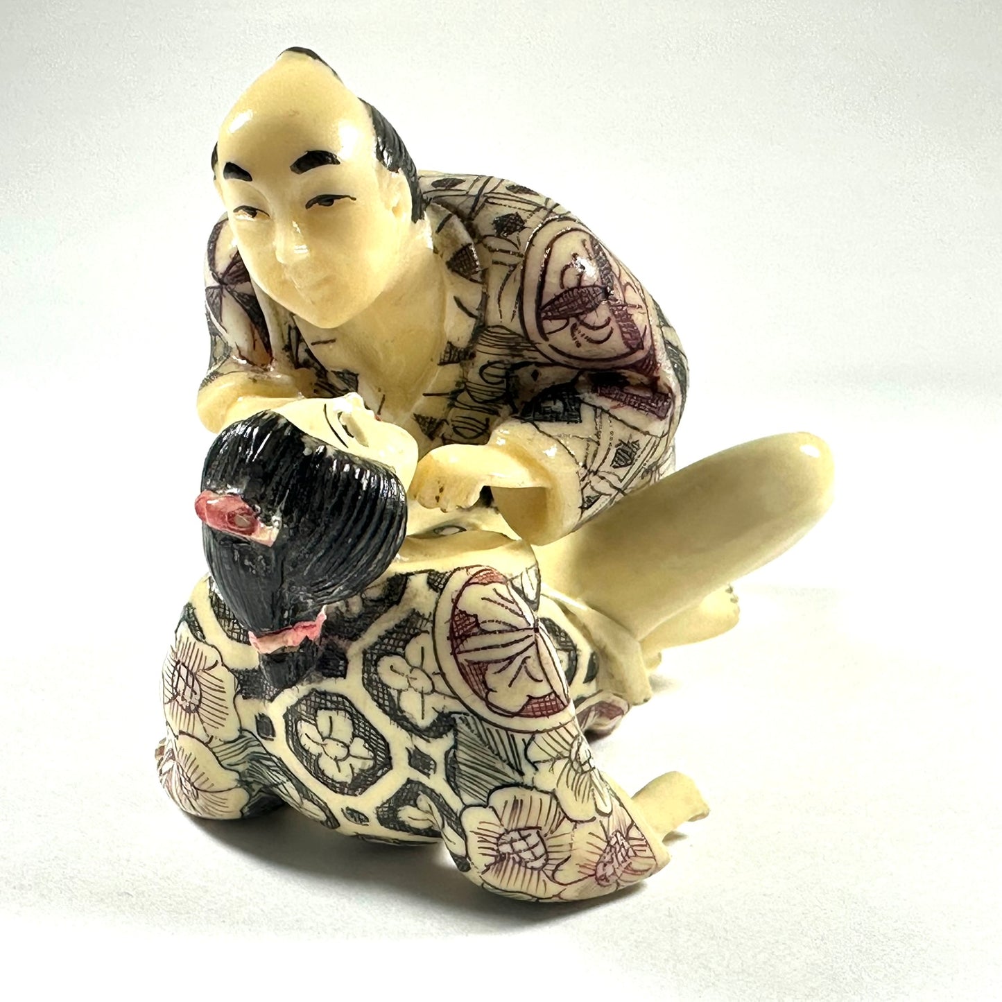 Vintage Japanese Shunga Erotic Figurine Couple Faux-Ivery Resin Hand Painted Showa a