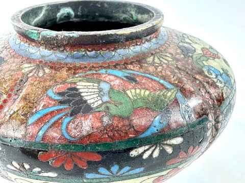 Japanese Meiji Cloisonne Shippo Vase Phoenix Floral Three Feet Red Brown 3"H