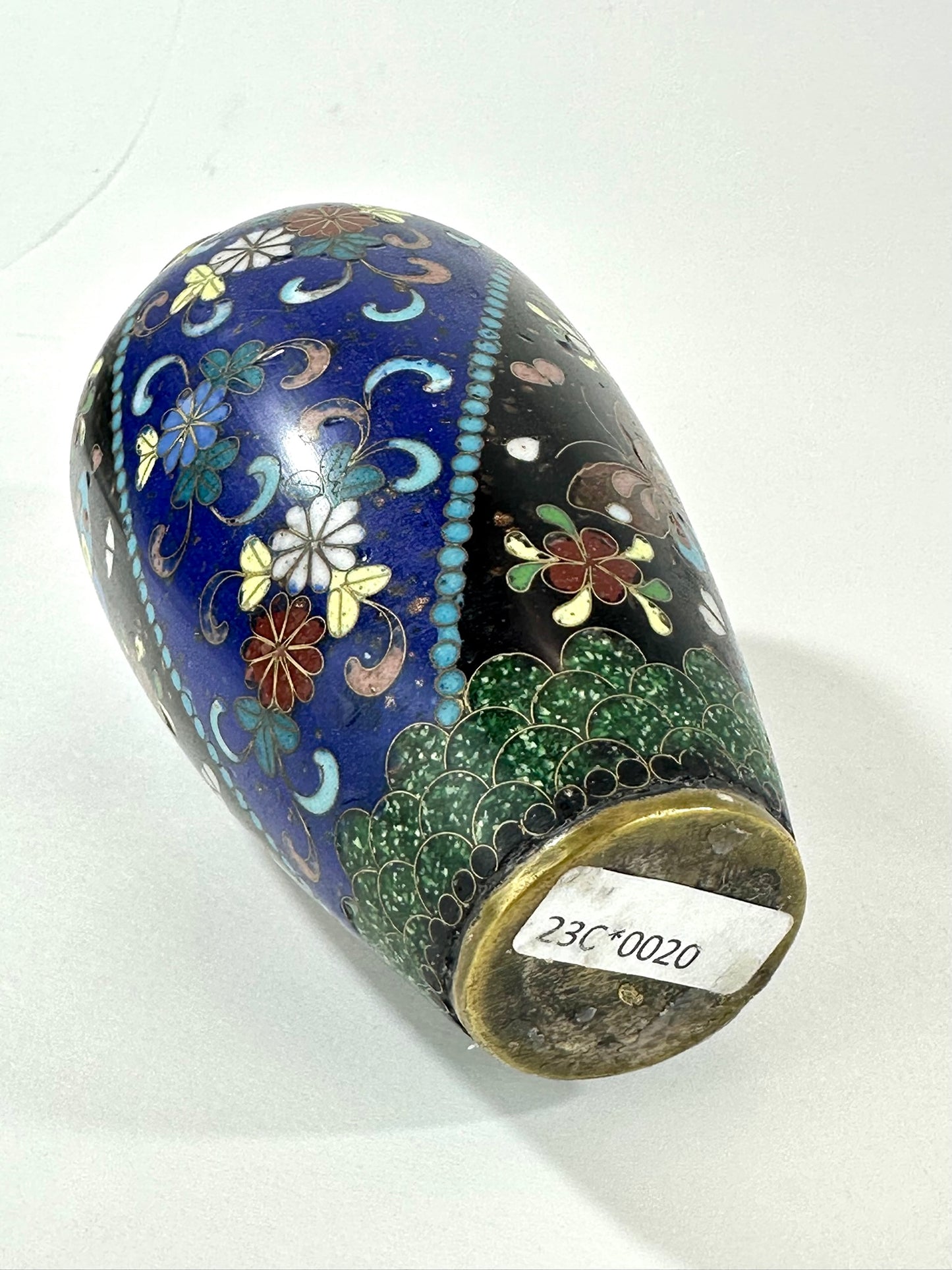 Japanese Meiji Cloisonne Shippo Baluster Vase Cobalt Black Butterfly Floral 5"H