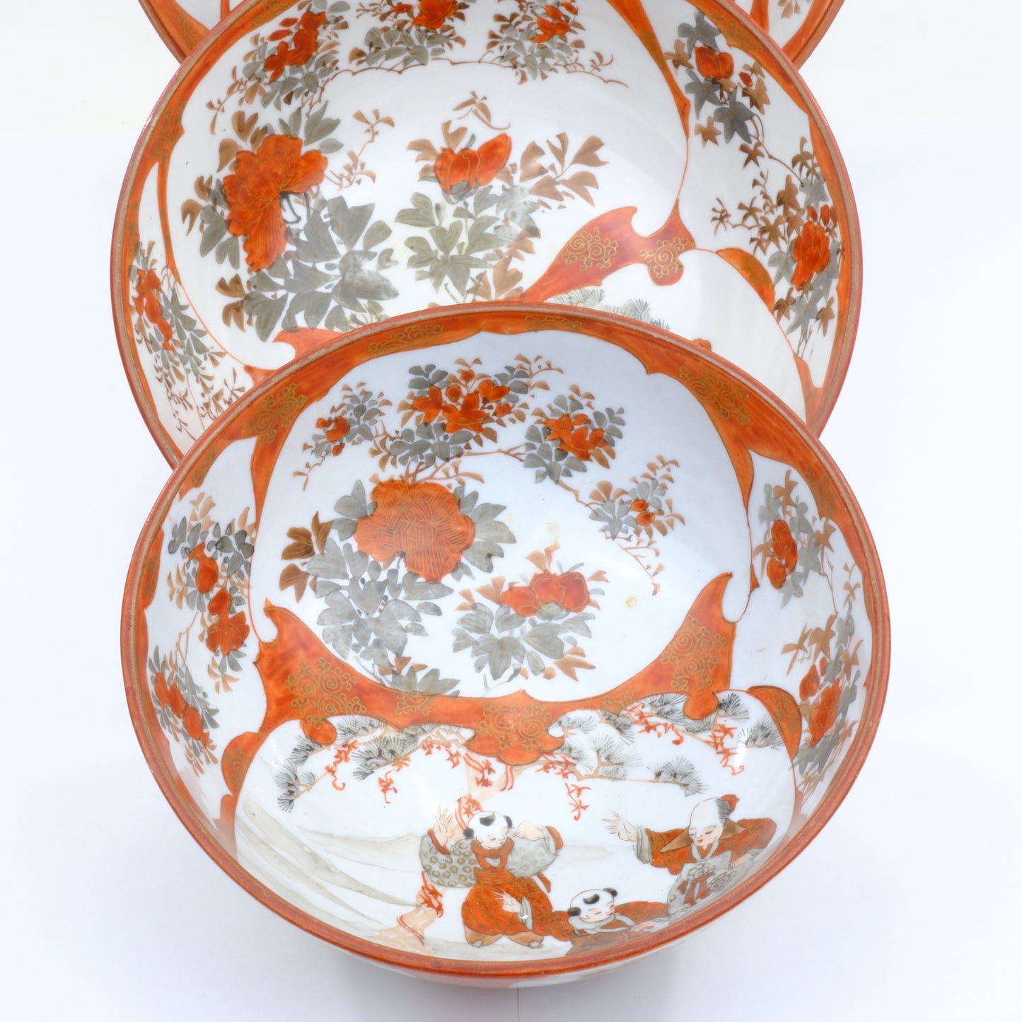 Antique Japanese Kutani Aka-e Nesting Bowl Set Three Karako Children Peony Meiji 10"W