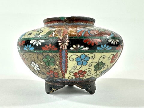 Japanese Meiji Cloisonne Shippo Vase Phoenix Floral Three Feet Red Brown 3"H
