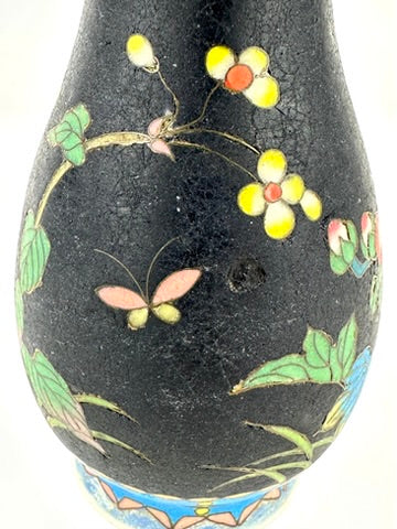 Japanese Meiji Taisho Totai Shippo Ceramic Cloisonne Vase Black Ground Pink Floral 5"H