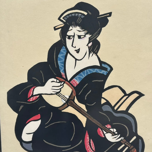 Vintage Japanese Kappazuri Print Yoshitoshi Mori Bijin Playing Shamisen 1984 Ed 13/90