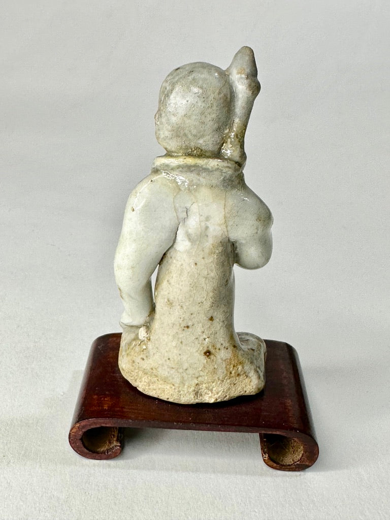 Chinese Pale Glazed Earthenware Buddhist Deity Figure Lotus Hardwood Stand 3.5"