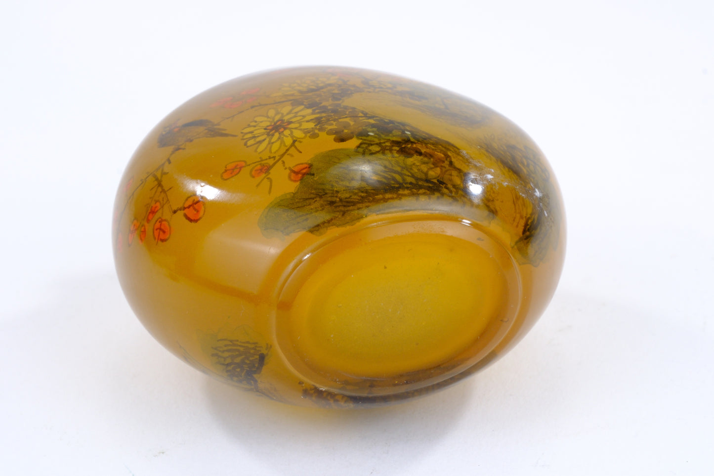 Chinese Amber Glass Interior Painted Snuff Bottle Birds Flowers Blue Stopper