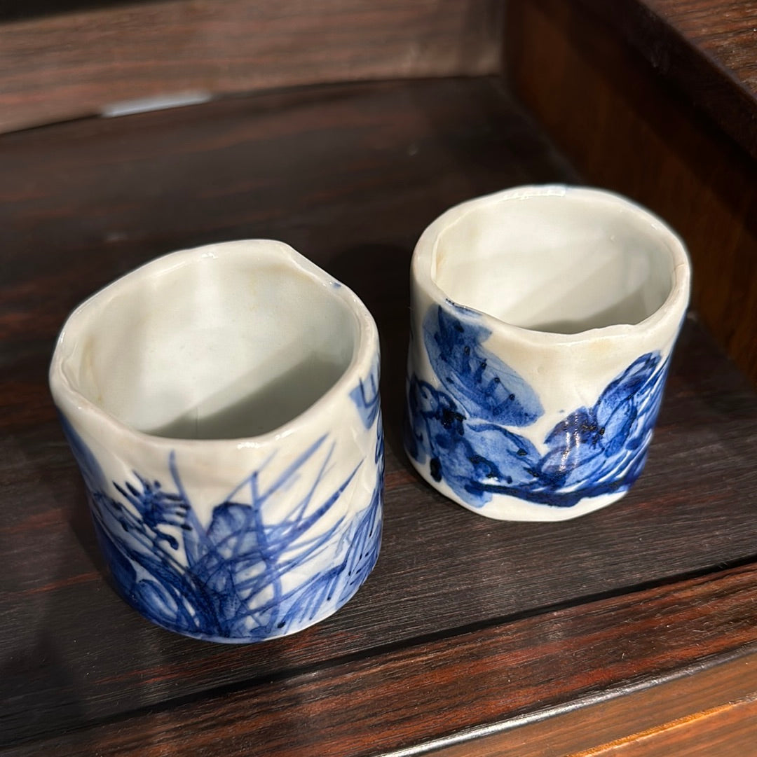 Pair of Antique Japanese Ceramic Sake Cups Blue & White