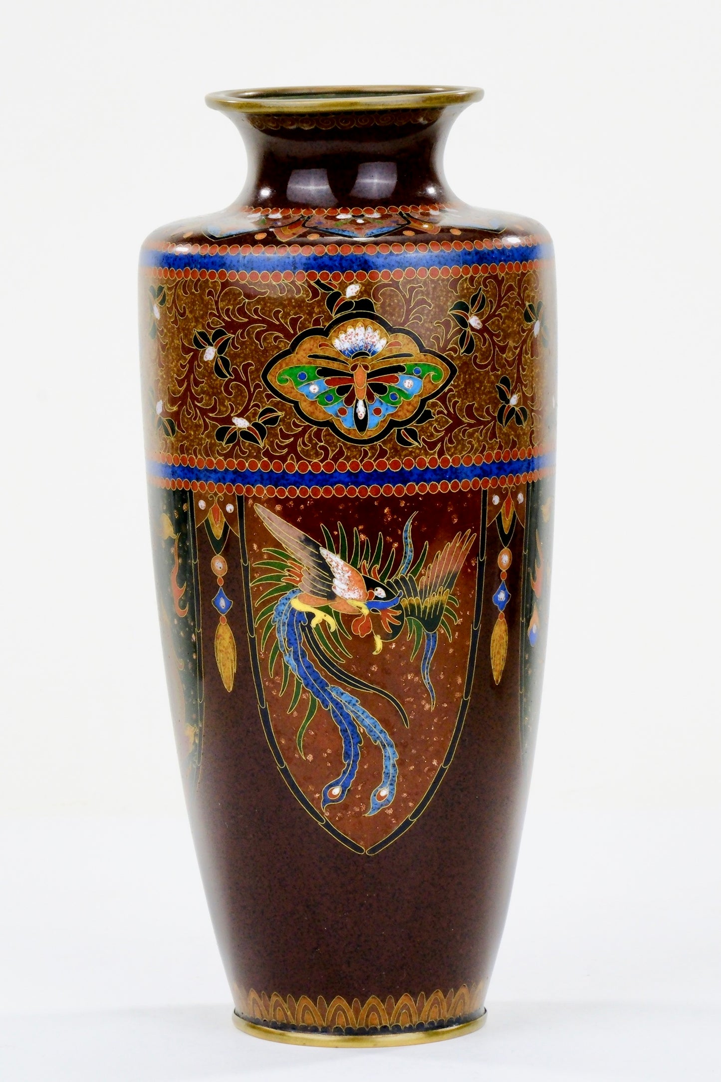 Antique Japanese Meiji Era (c1880) Cloisonné Vase Phoenix & Dragon 8”