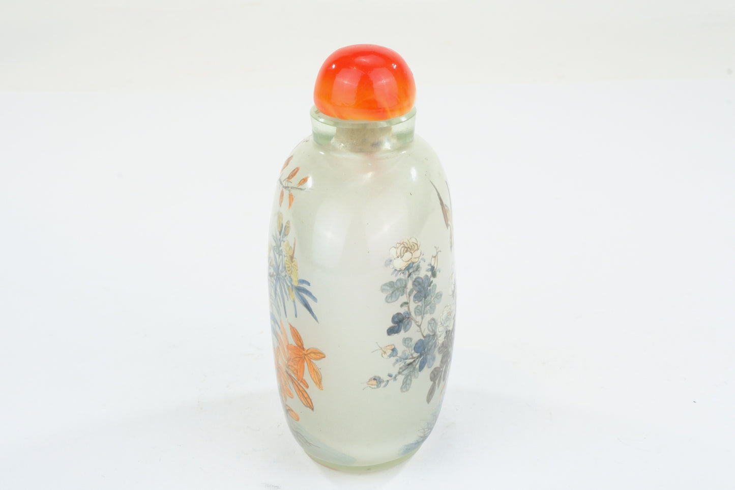 Chinese Clear Glass Interior Painted Snuff Bottle Bird Flower Rock Carnelian Stopper