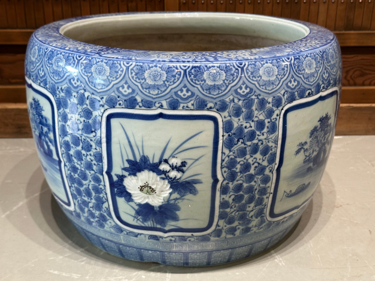 Antique Japanese Meiji Era Ceramic Blue & White Hibachi Brazier Floral Motif 24”