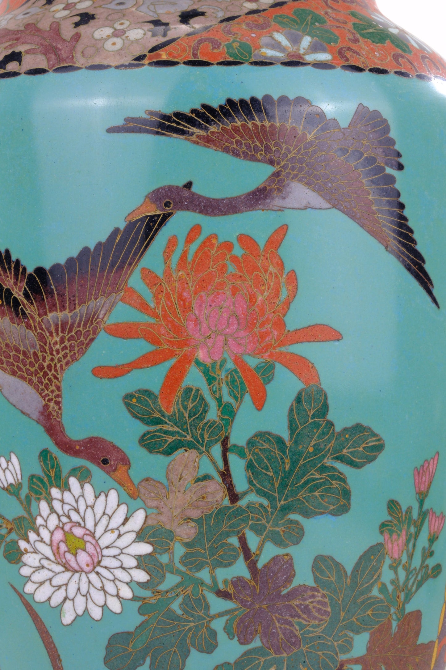 Antique Japanese Meiji Era (c1880) Cloisonné Vase Geese in Flight & Flowers 12”