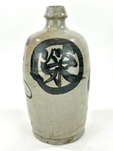 Antique Japanese Edo Period c1800 Grey Glazed Stoneware Tokkuri Sake Jug Iron Black Calligraphy 10"H