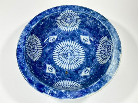 Antique Japanese Imari Sometsuke Blue White Porcelain Bowl Kiku Hanazume Late Edo 19th 8"W