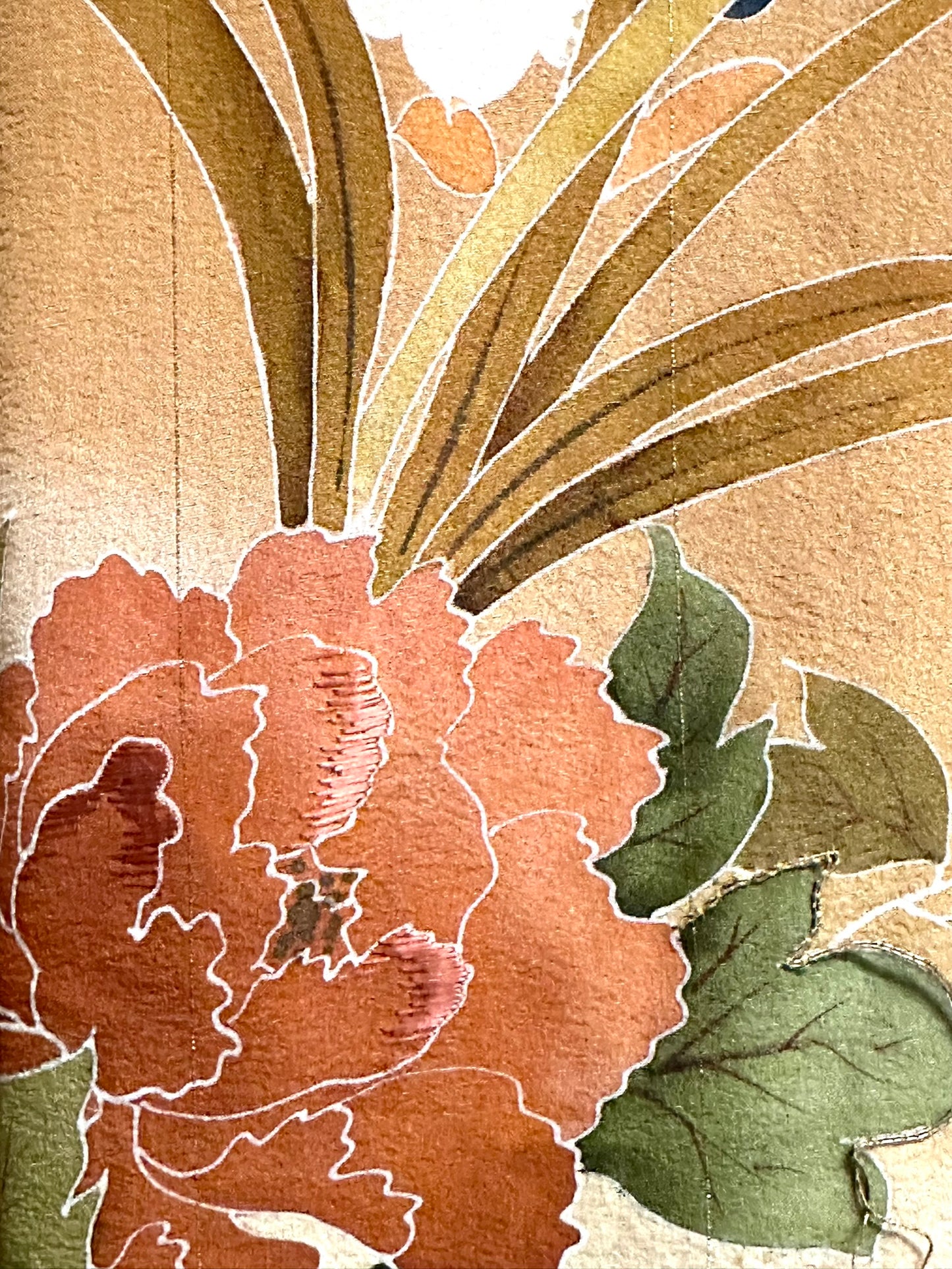 Vintage Japanese Silk Tomesode Kimono Yuzen Botan Peony Gold Amber Showa