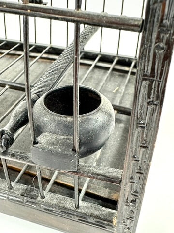Chinese Vintage Blackened Bamboo Birdcage Barrel Vault Dome Perch Feeder Fret Border 8 Inches