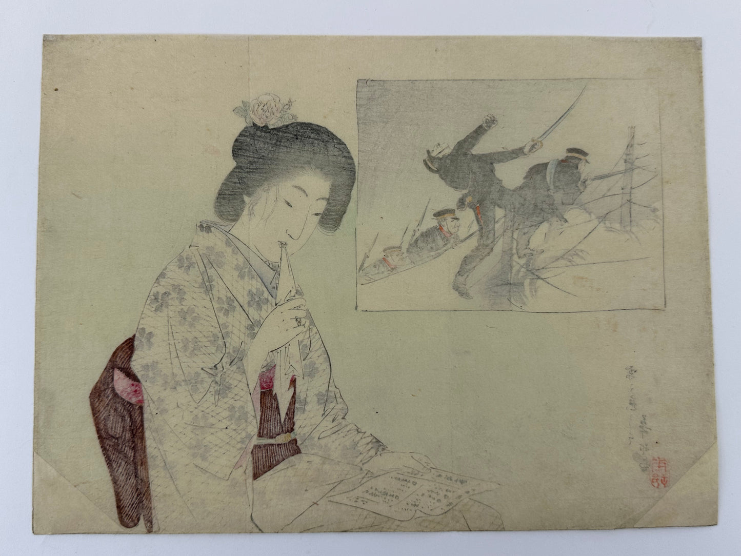 Suzuki Kason Original Woodblock Print "Autumn Shower" Russo Japanese War 1904 LS#205