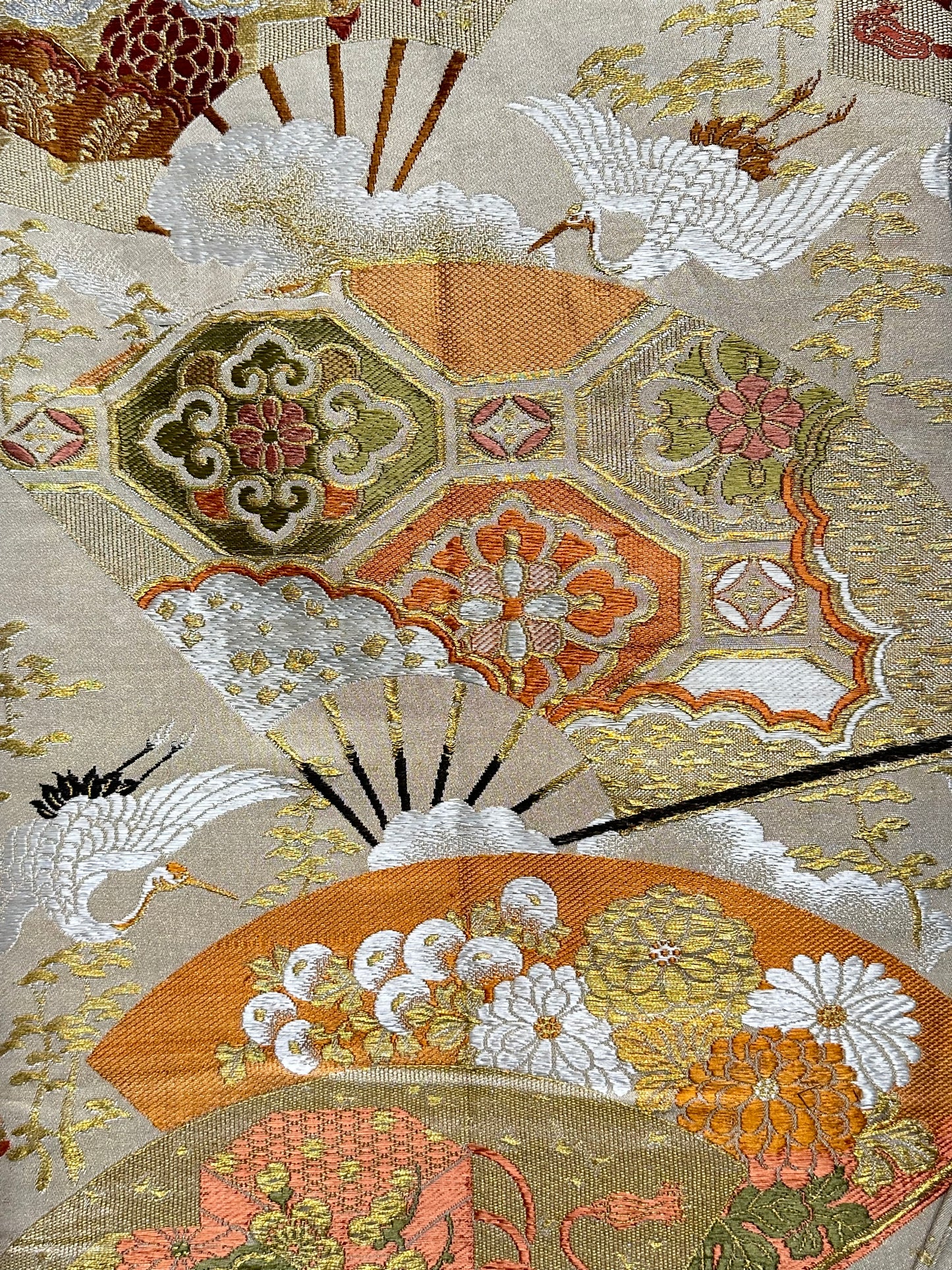 Antique Japanese Orange & Gold Obi w/Fans Chrysanthemum & Cranes 13ft