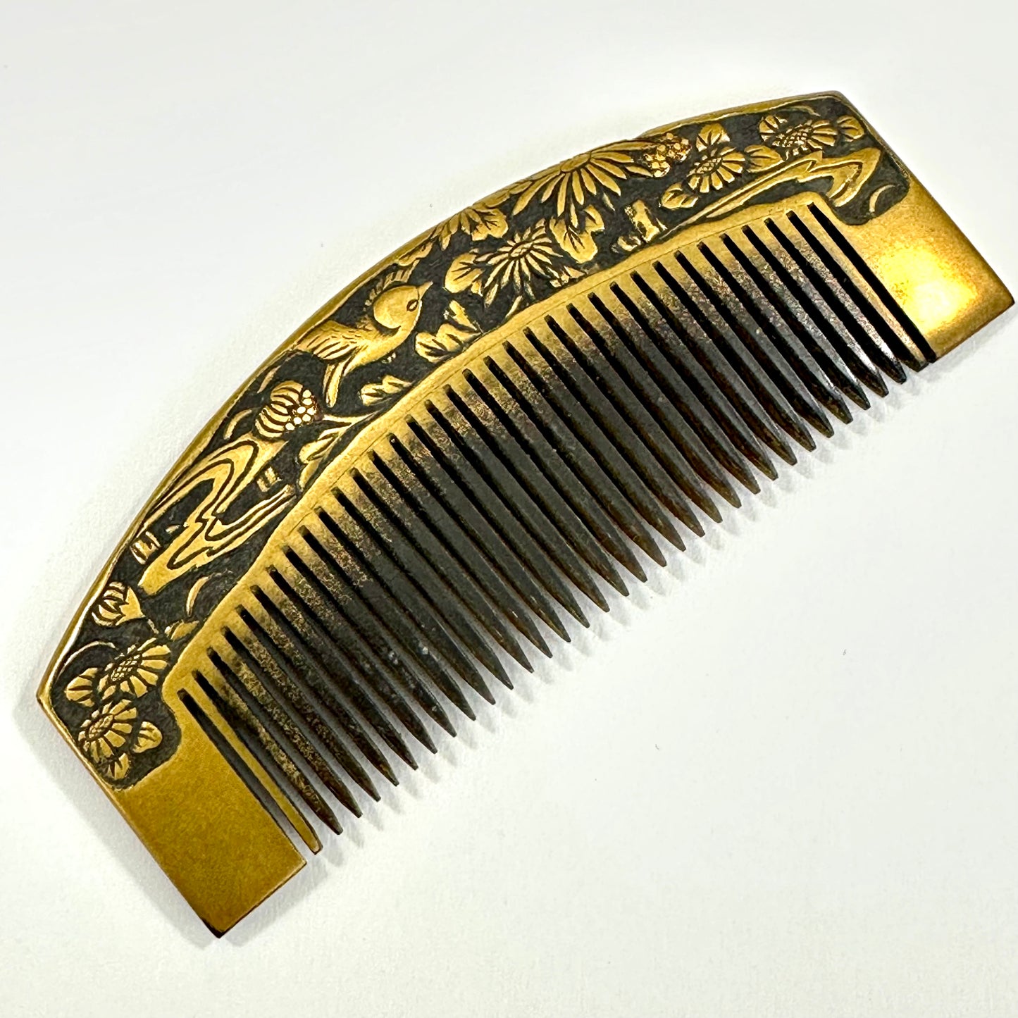 Antique Japanese Geisha Comb Kushi Hairpiece Kanzashi Gold Makie Sparrow & Flowers 3"