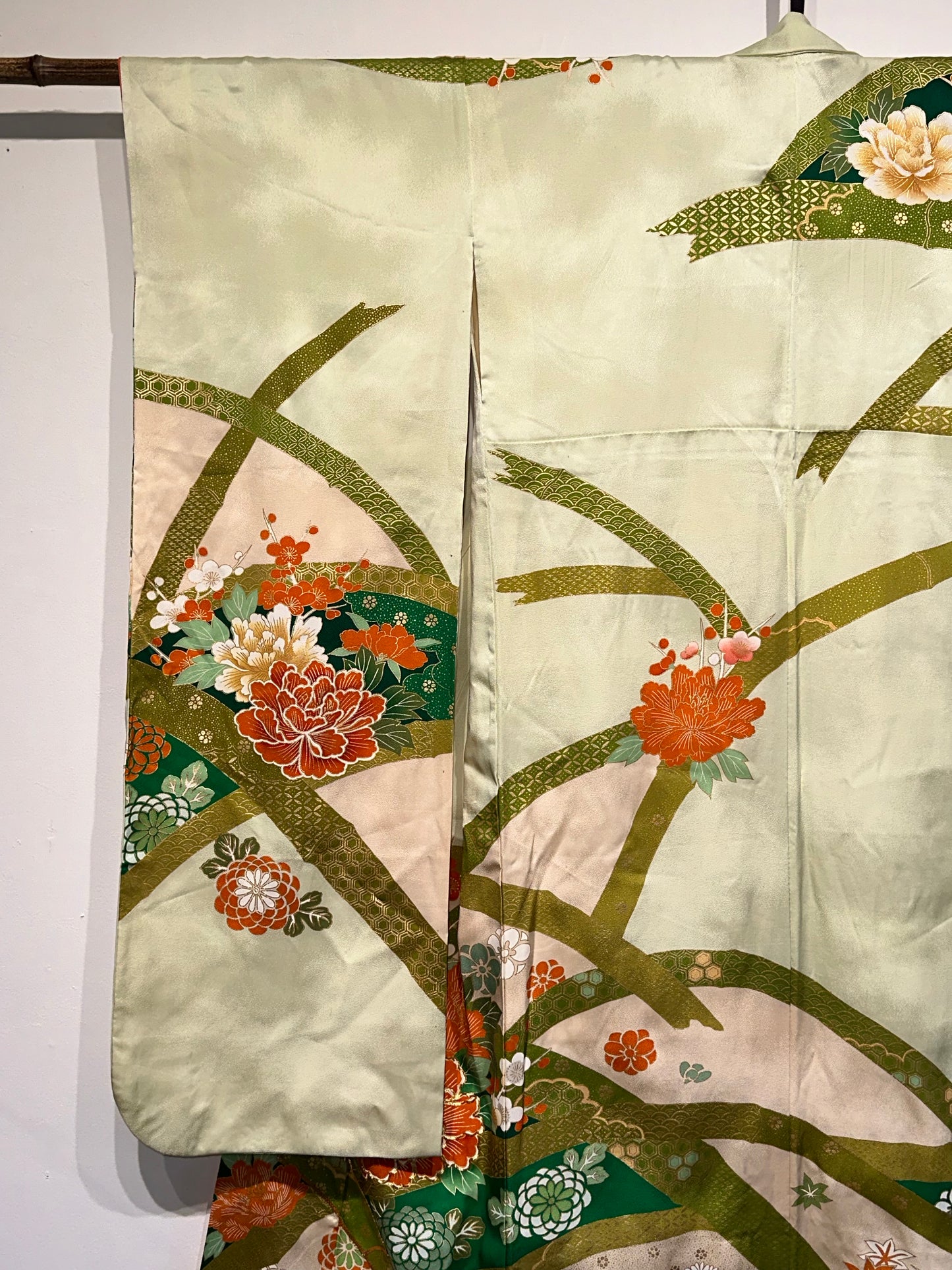 Vintage Japanese Furisode Silk Kimono Soft Green Peonie Motif