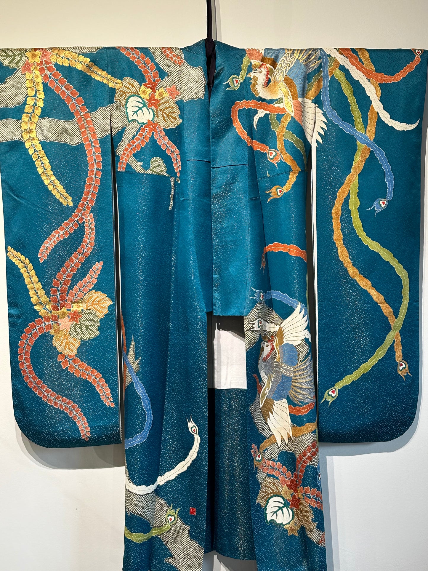 Japanese Silk Kimono Furisode Chirimen Hand Painted Phoenix Motif Teal