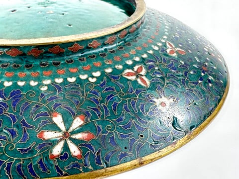 Japanese Meiji Cloisonne Shippo Plate Green Floral Medallion Iris Geometric 7.5"