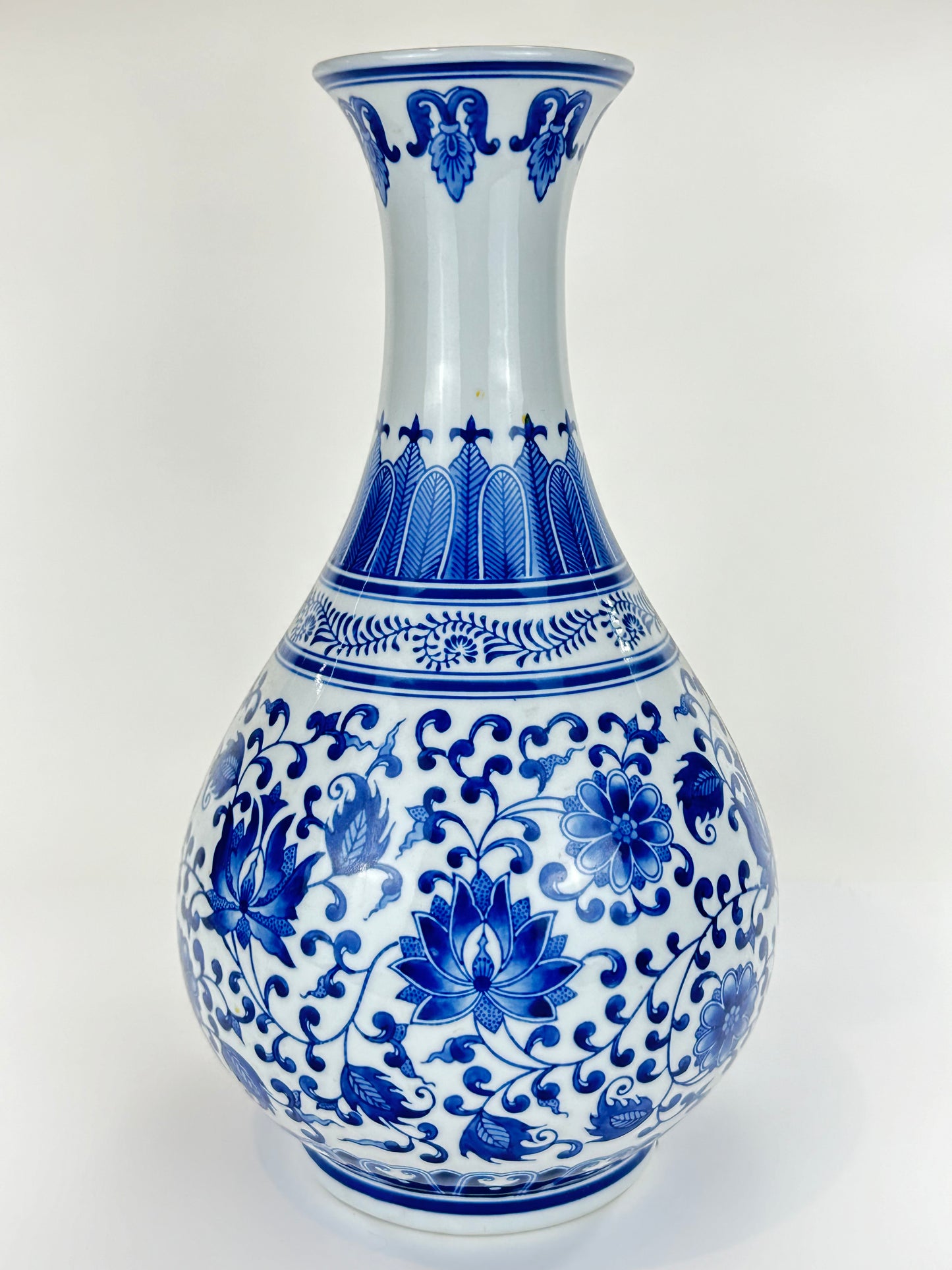 Vintage Chinese Large Vase Blue & White Floral & Arabesque 17”H