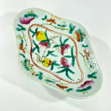 Chinese Famille Rose Porcelain Lozenge Dish Peach Longevity Floral Celadon Ground Late Qing 7.5"