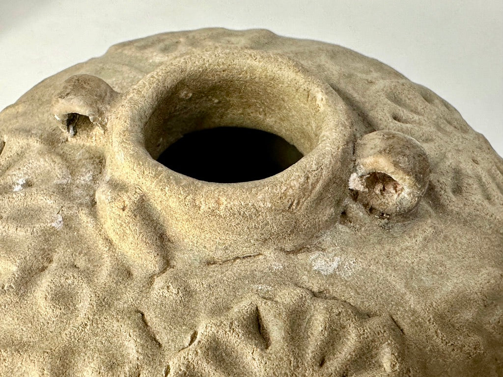 Southeast Asian Unglazed Stoneware Jar Stamped Floral Rosette Decoration Ring Handles Hardwood Stand 3.5"