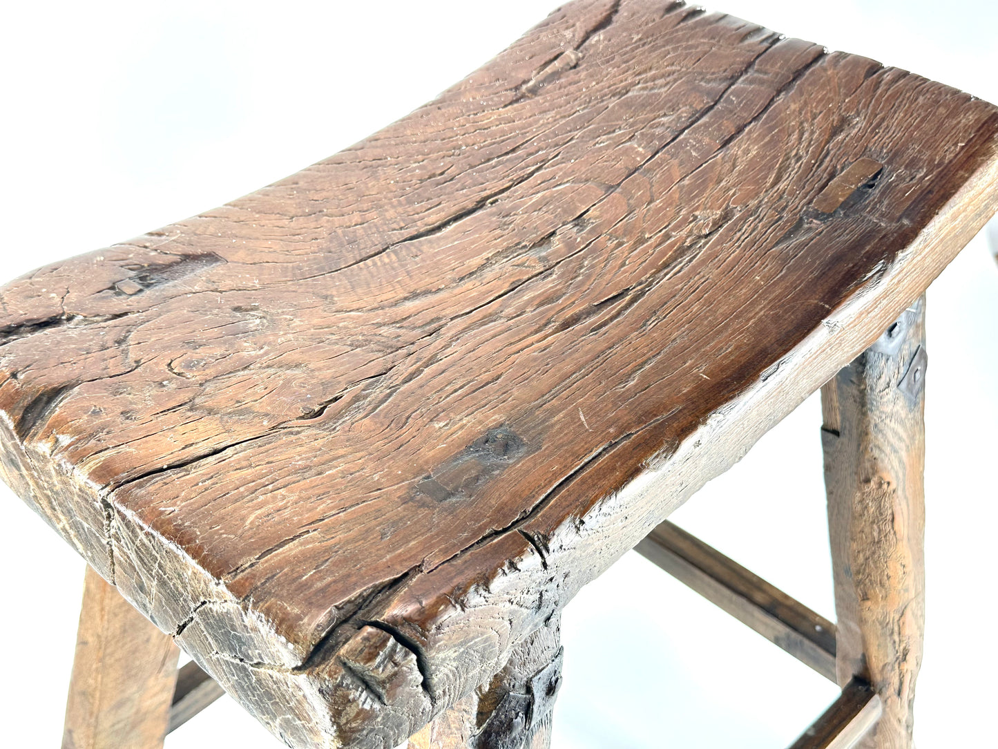 ntique Chinese Elm Rustic Farm Stool Waisted Saddle Seat Late Qing 20"H