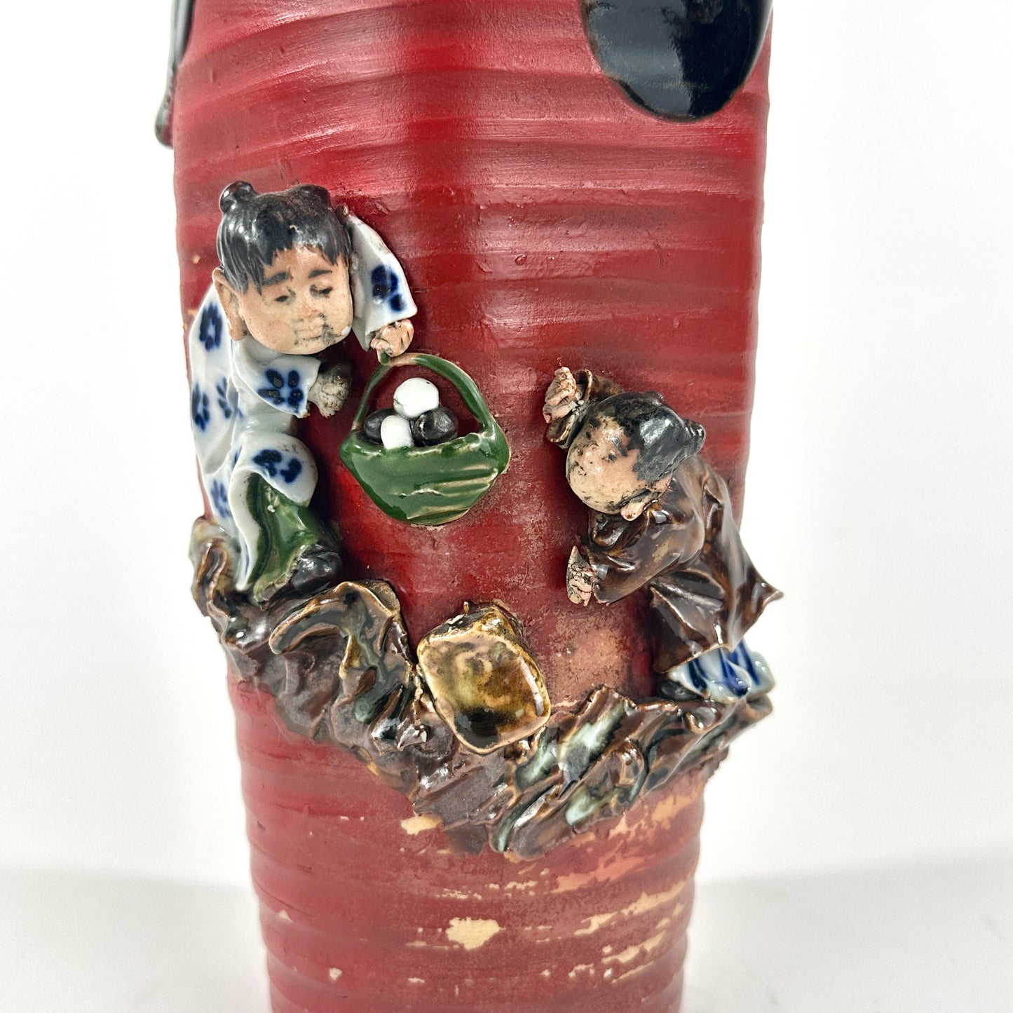 Antique Japanese Sumida Gawa Ceramic Vase w/ Children Inoue Ryosai (c1900) LS#085