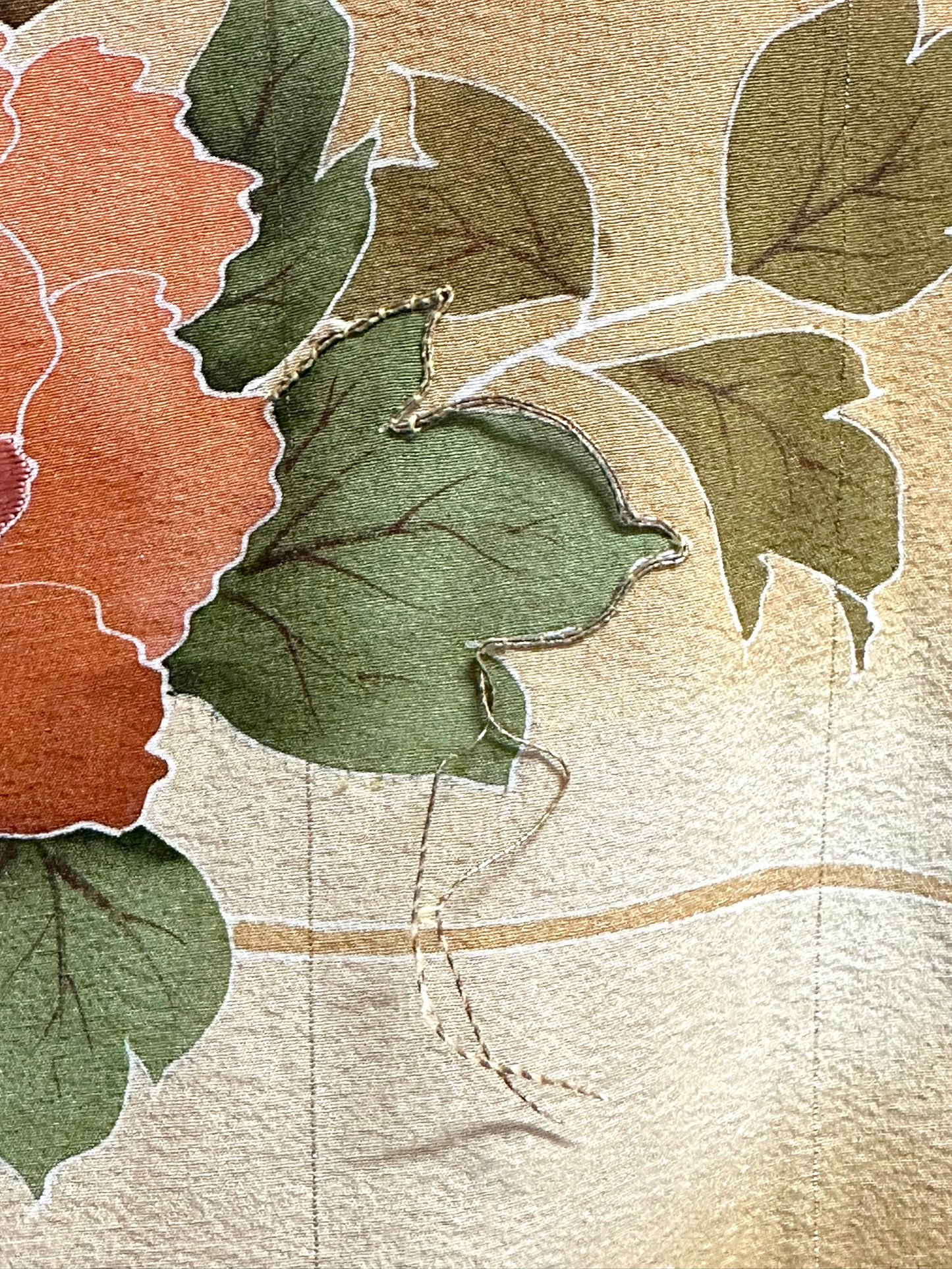 Vintage Japanese Silk Tomesode Kimono Yuzen Botan Peony Gold Amber Showa