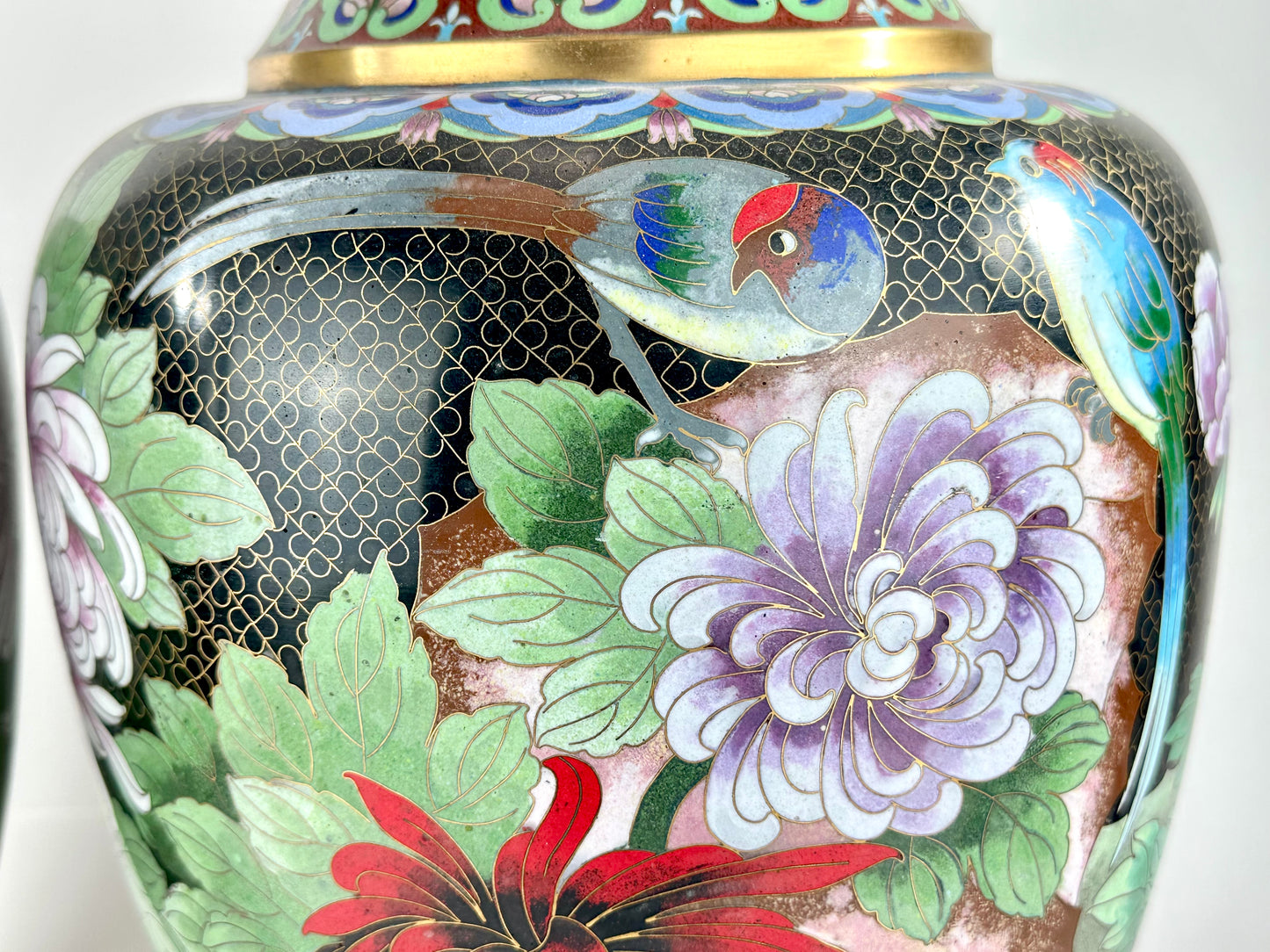Vintage Chinese Cloisonne Vase Pair Black Ground Peony Pheasant Polychrome 20"H