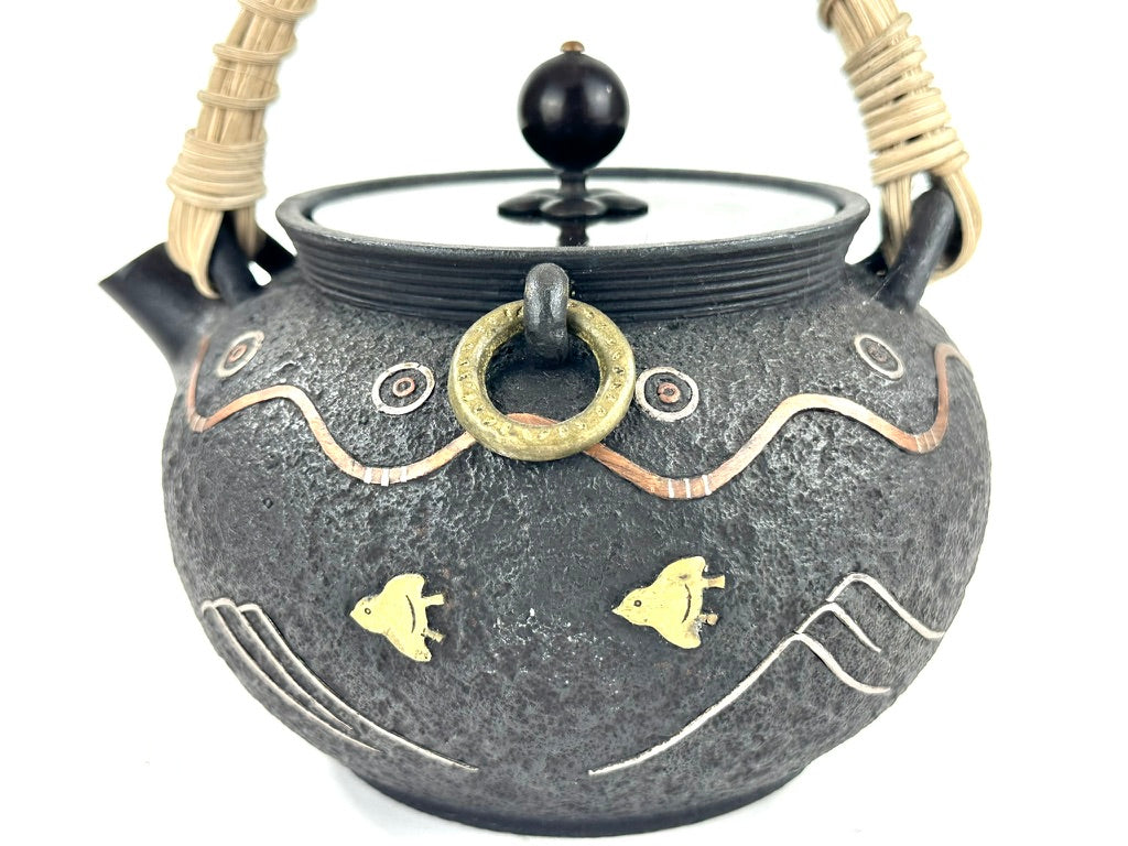 Vintage Japanese Signed Cast Iron Tetsubin Plover Wave Gold Silver Copper Inlay Showa 6.5"W LS#055