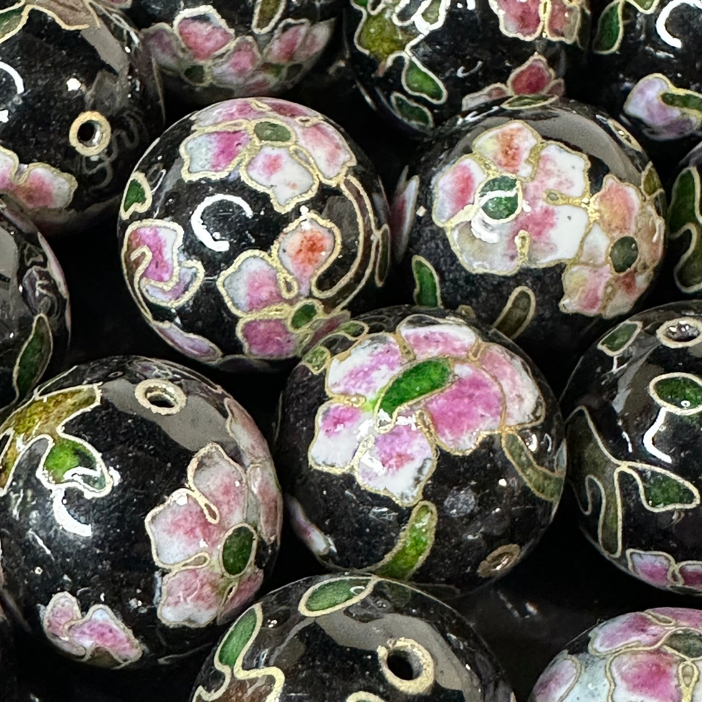 One Vintage Chinese Cloisonne Black Pink Floral Bead 20mm Glass Enamel Jewelry