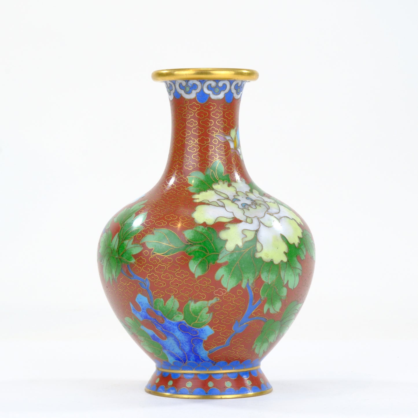Chinese Cloisonne Enamel Vase Red Rust Ground White Peony Scholar Rock Blue Foot 6"H