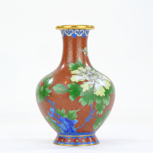Chinese Cloisonne Enamel Vase Red Rust Ground White Peony Scholar Rock Blue Foot 6"H