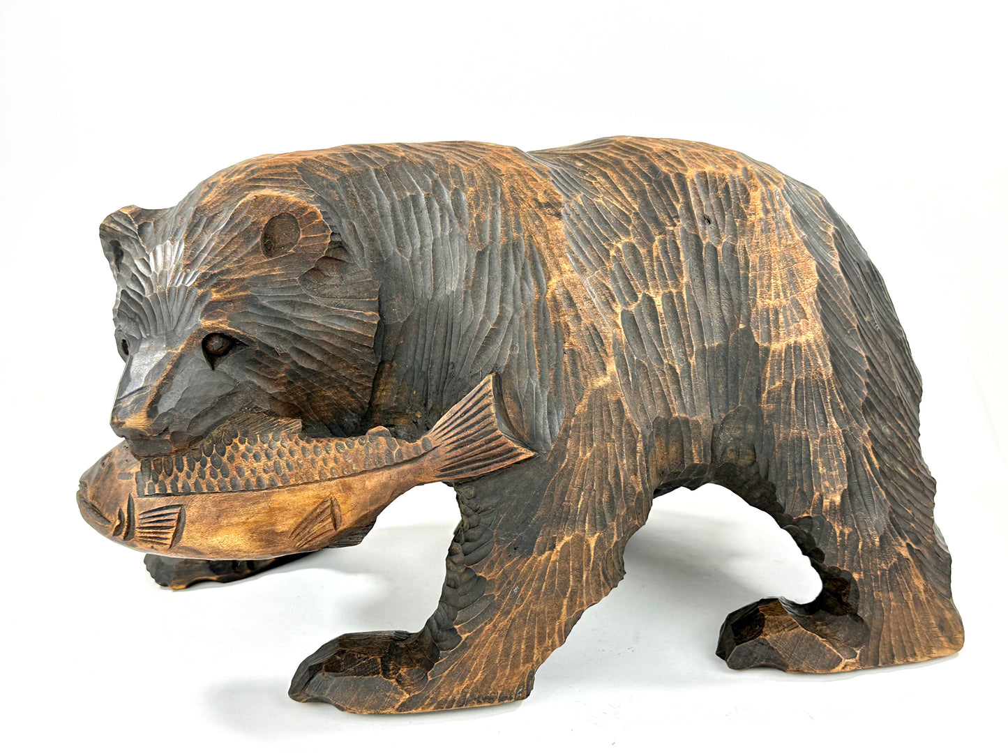 Vintage Japanese Ainu Bear Kuma w/ Salmon Signed & Dated 1972 Sugi Wood ~13"