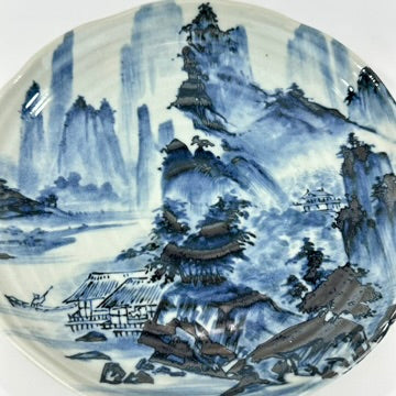 Japanese Showa Porcelain Plate Blue White Shanshui Mountain Landscape Yubyakudo Mark 8.5"W LS#093