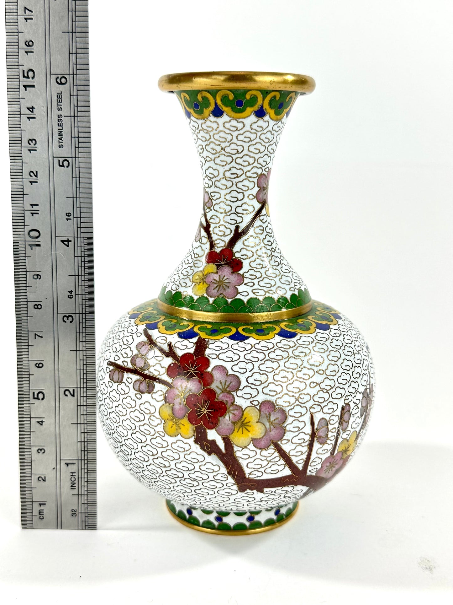 Vintage Chinese White Cloisonné Vase w/ plum blossoms 6”