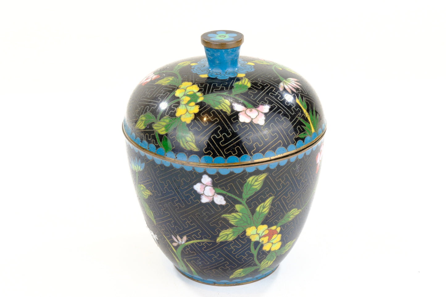 Chinese Cloisonne Enamel Moon Flask Vase Green Black Ground Floral Butterfly Three Feet 5.5"H