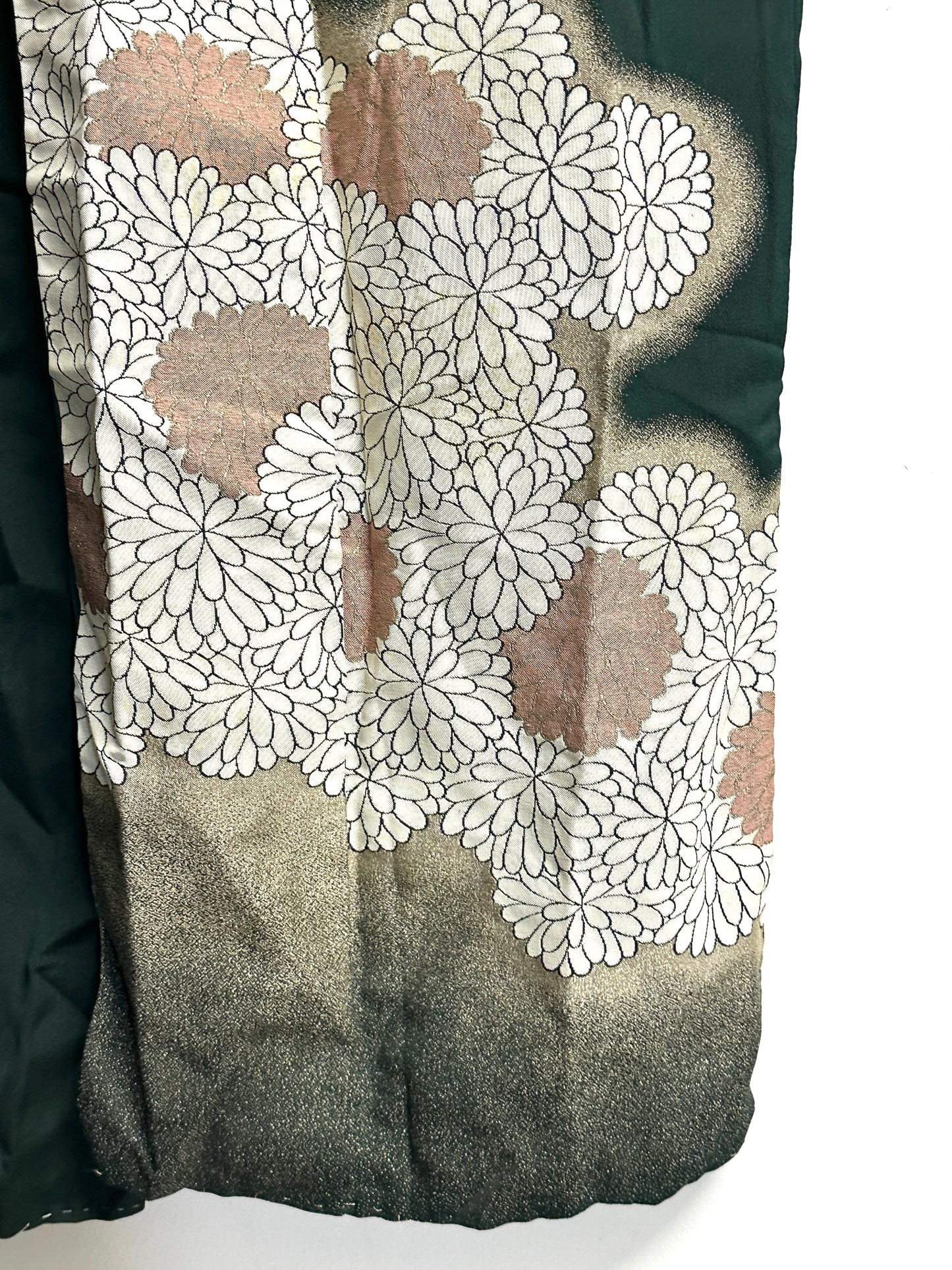 Vintage Japanese Silk Kimono Kiku Hanazume Suso on Deep Green Gold Bokashi Showa