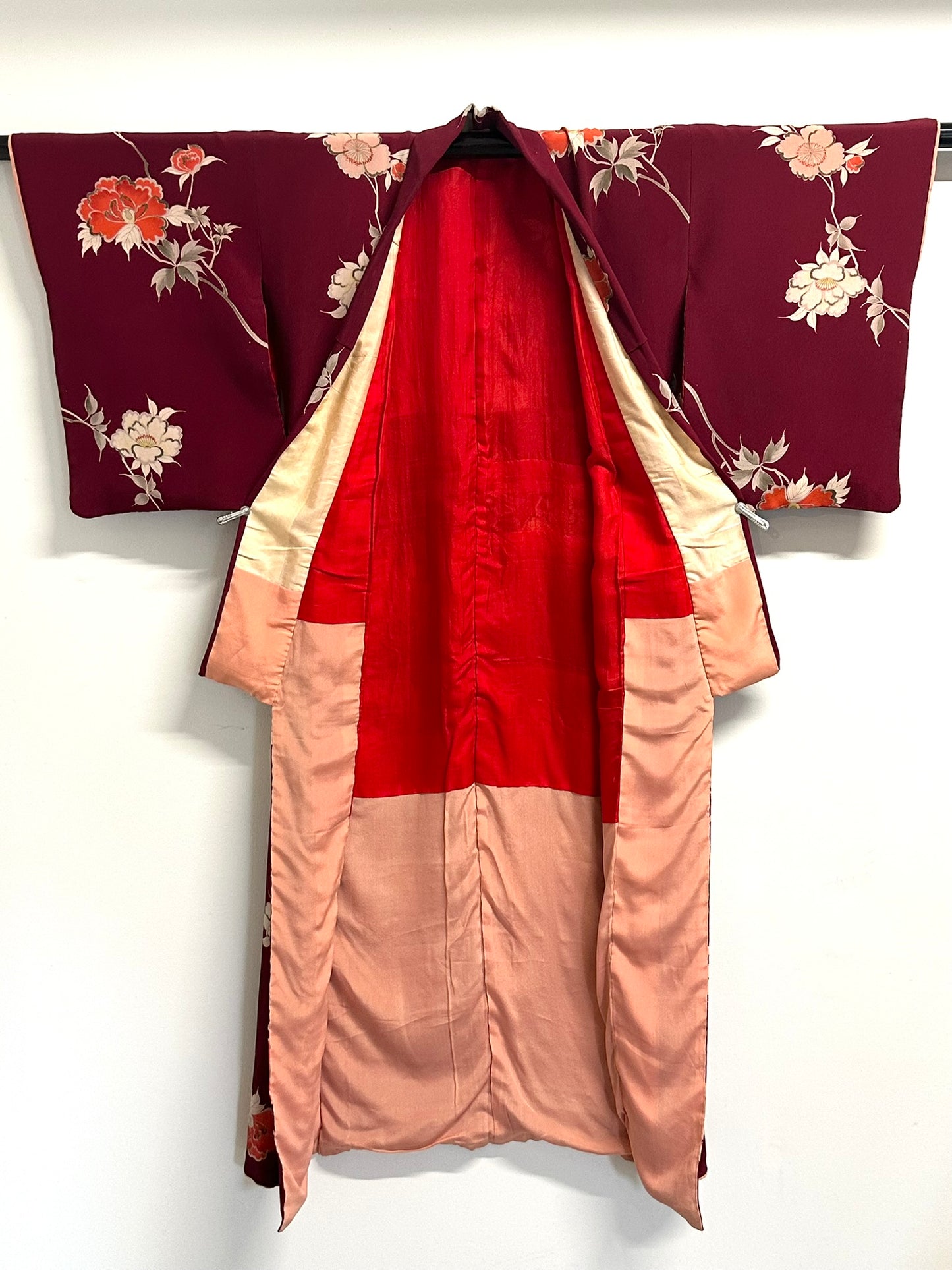 Vintage Japanese Silk Kimono Burgundy Peony Chirimen Crepe Showa