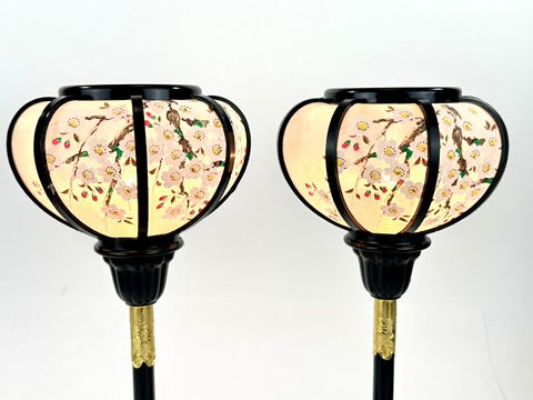 Japanese Showa Era Hiunkudo Sakura Lantern Table Lamp Pair Black Lacquer Brass 15"H