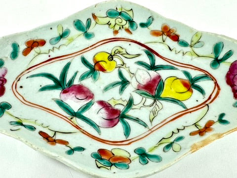 Chinese Famille Rose Porcelain Lozenge Dish Peach Longevity Floral Celadon Ground Late Qing 7.5"