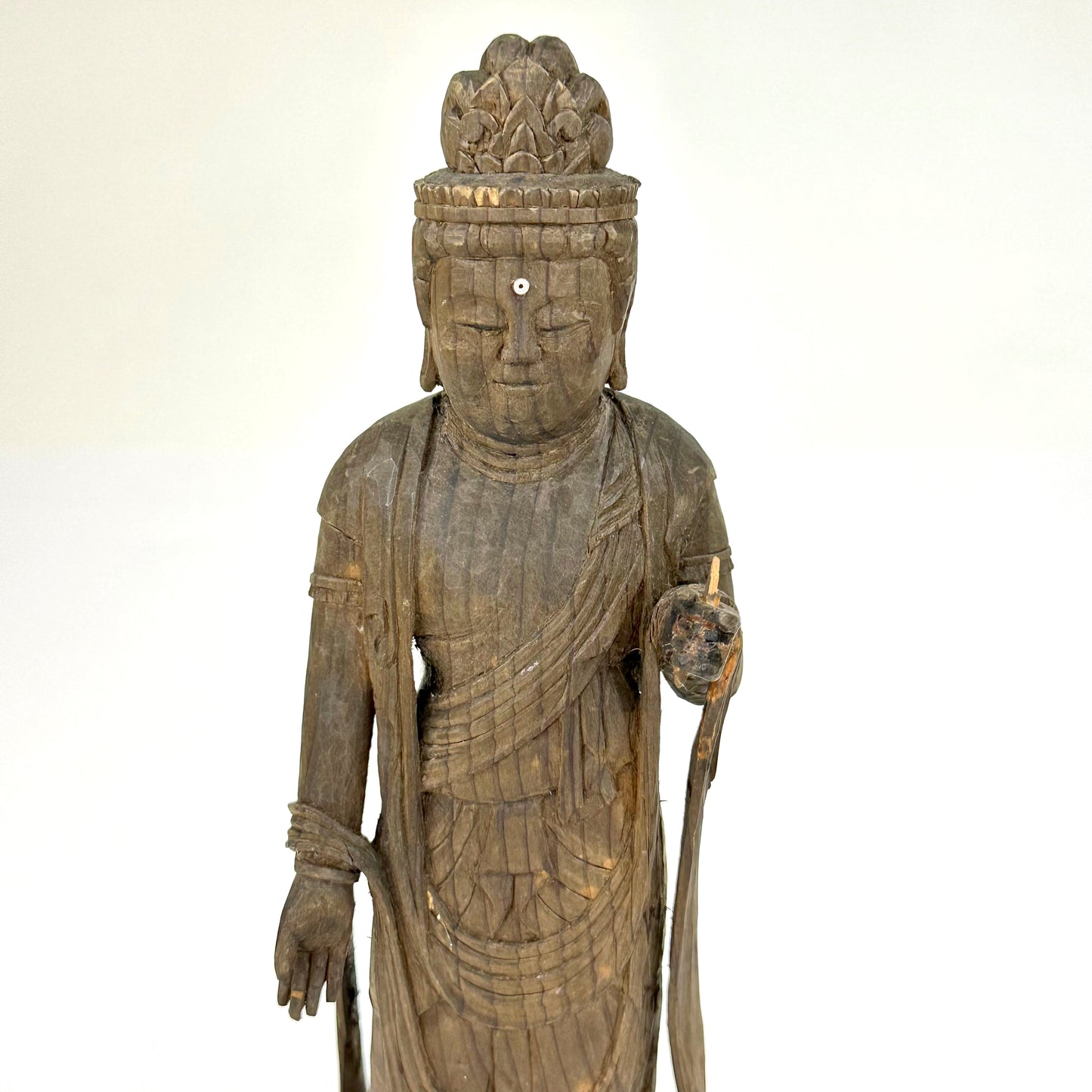 Antique Japanese Wooden Jizō Bosatsu (Kṣitigarbha Bodhisattva) Standing on Lotus Base10”