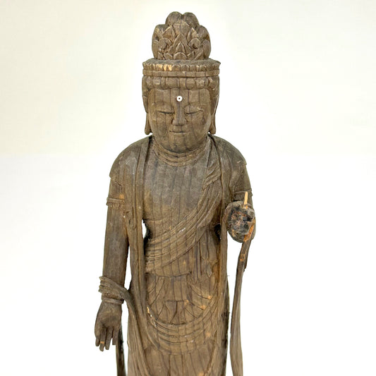 Antique Japanese Wooden Jizō Bosatsu (Kṣitigarbha Bodhisattva) Standing on Lotus Base10”